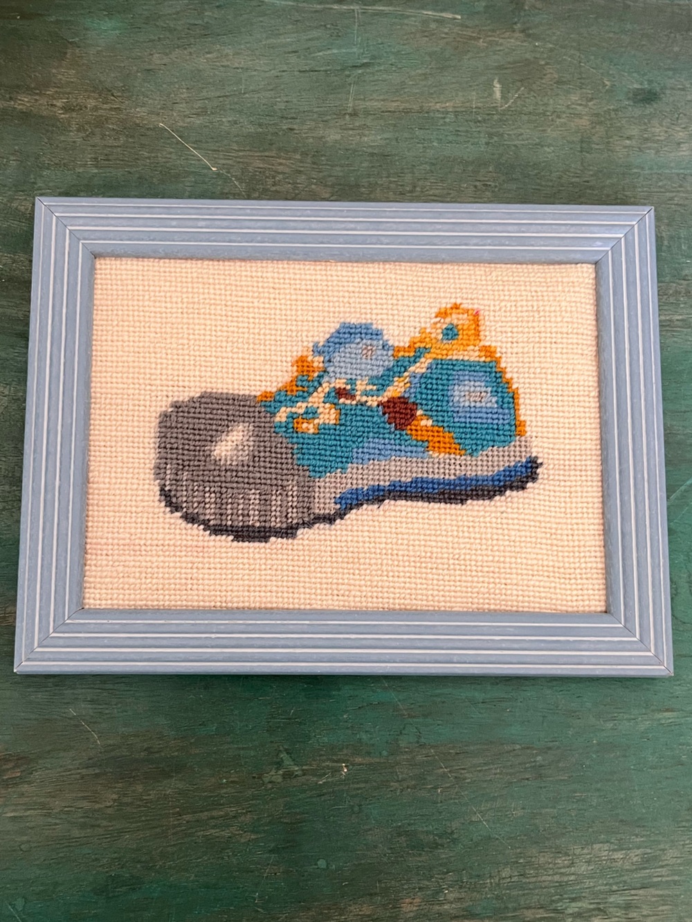 Needlepoint Little Boy's Tennis Shoe Blue Wood Frame
